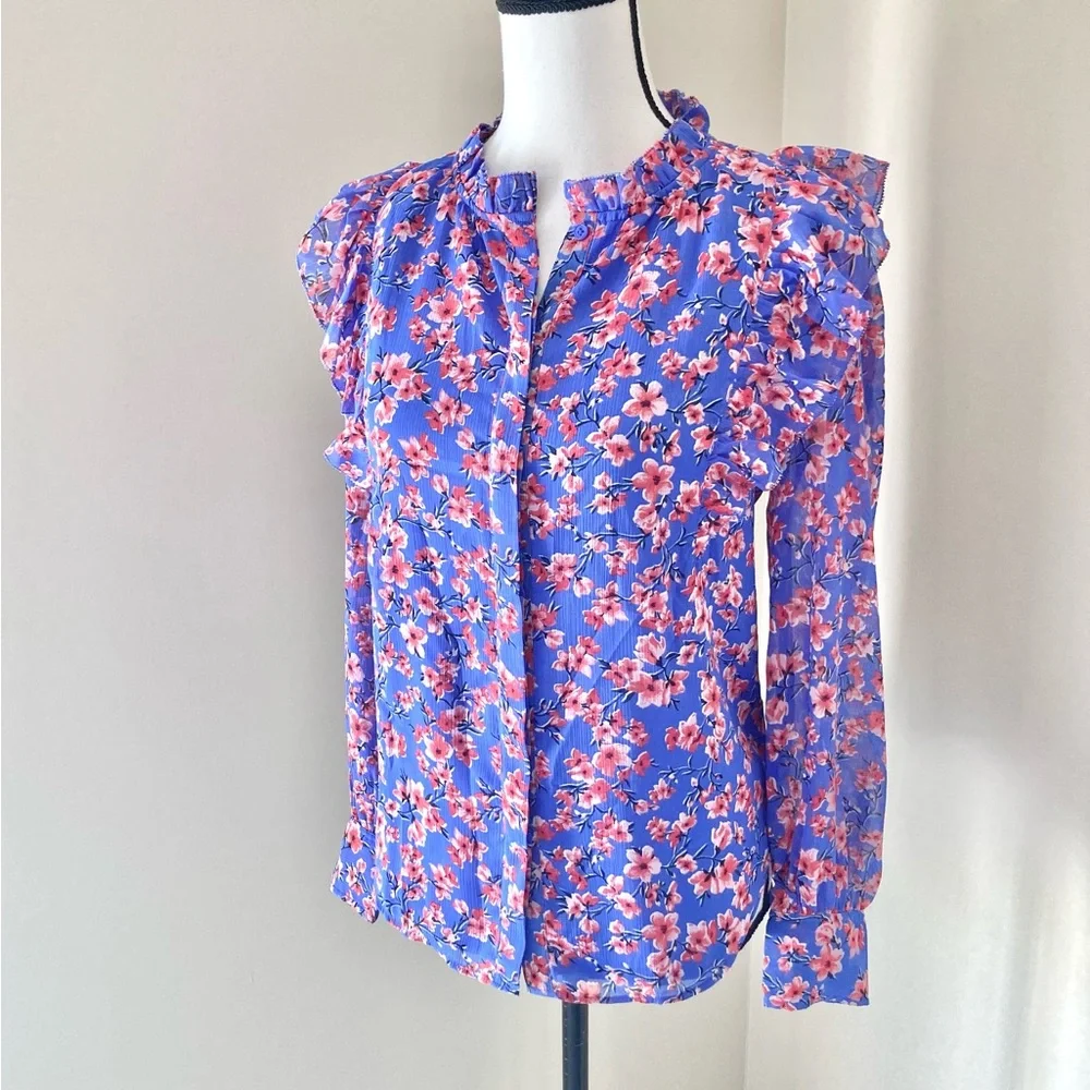 Ann Taylor Cherry Blossom Floral Ruffle Long Sleeve Blouse Size S - Picture 4 of 8